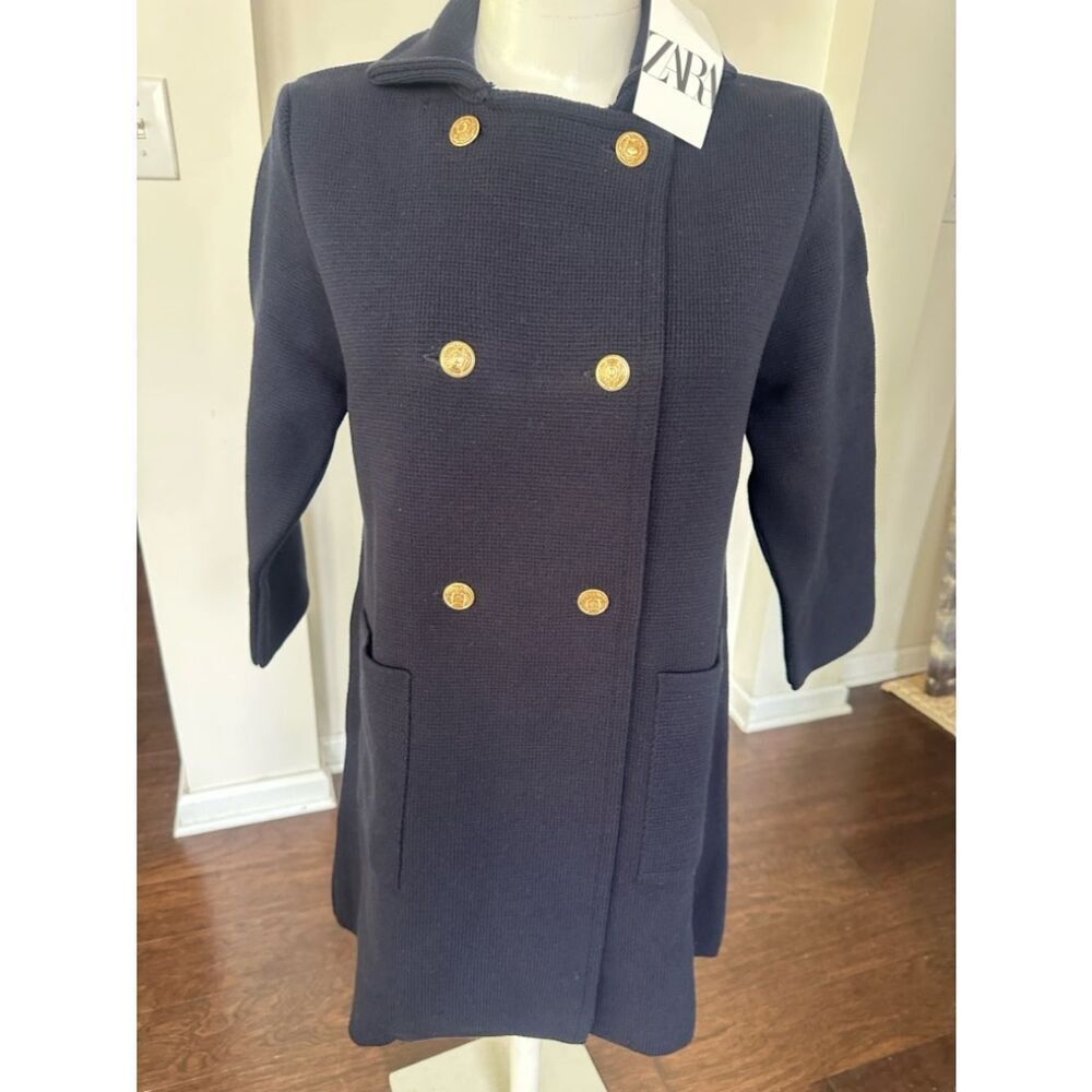 Zara Navy Double-breasted Knit Coat M